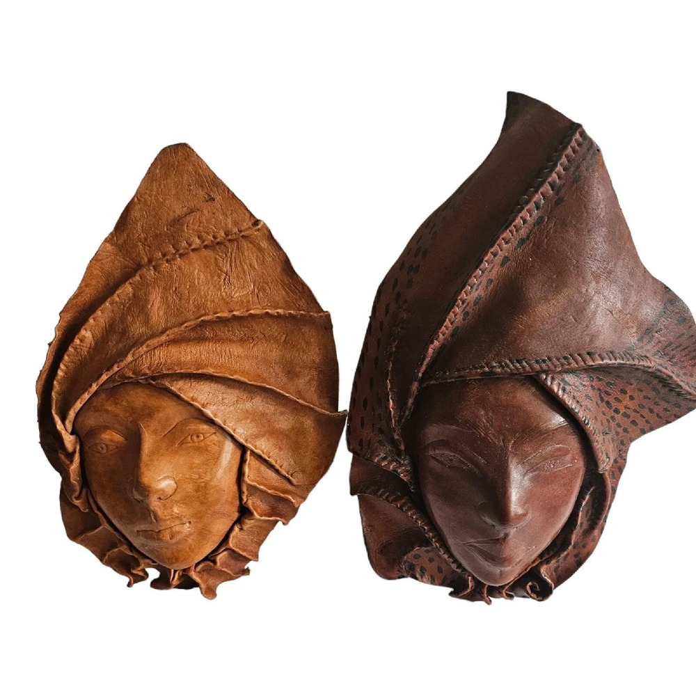 (2) Vintage Sculpture Woman Face‎ Wall Tribal Hanging Mask 3D Leather